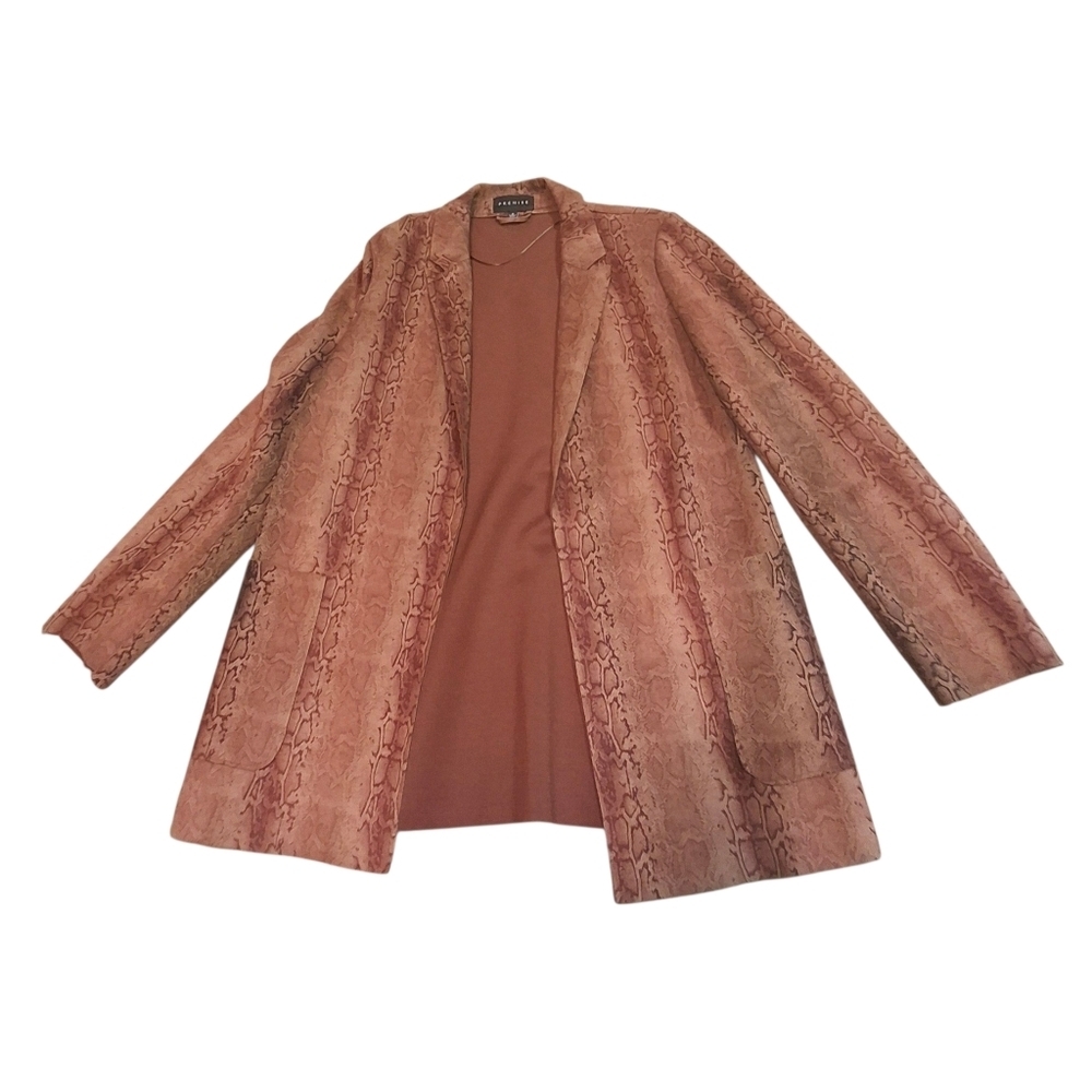Premise Snakeskin Print Faux Leather Brown Open-Front Blazer Women Size Medium - Picture 3 of 16